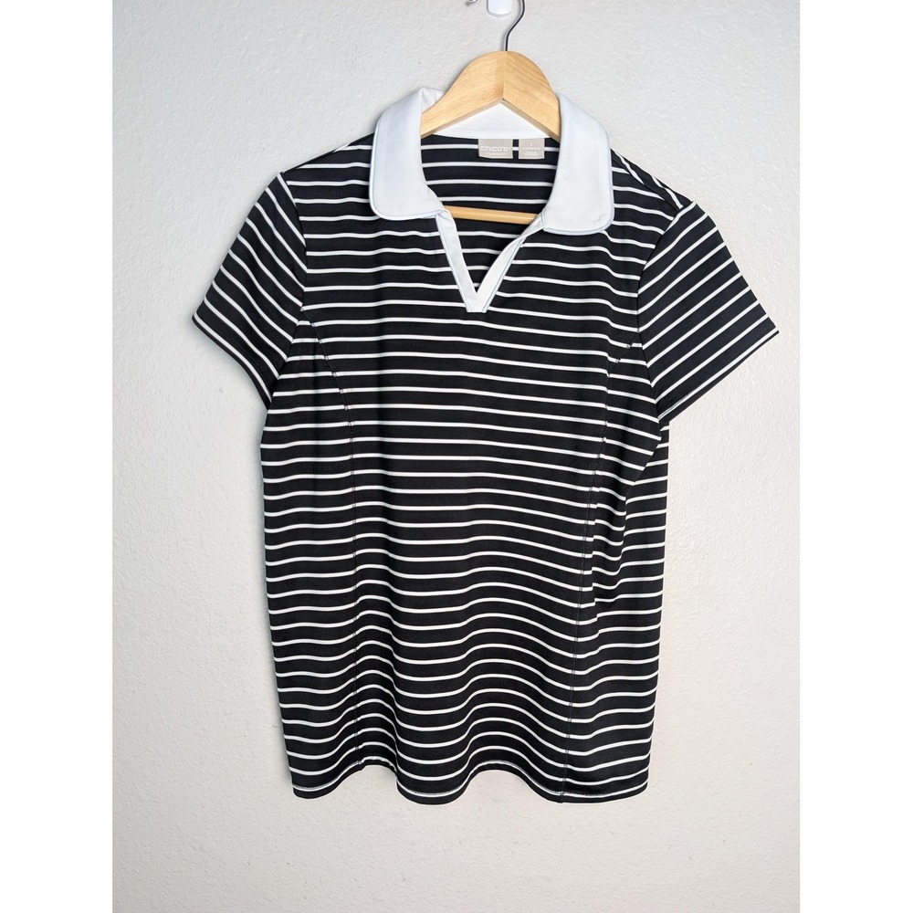 Chico's Polo Womens 1 Black Striped Collared Short Sleeve Slim Stretch